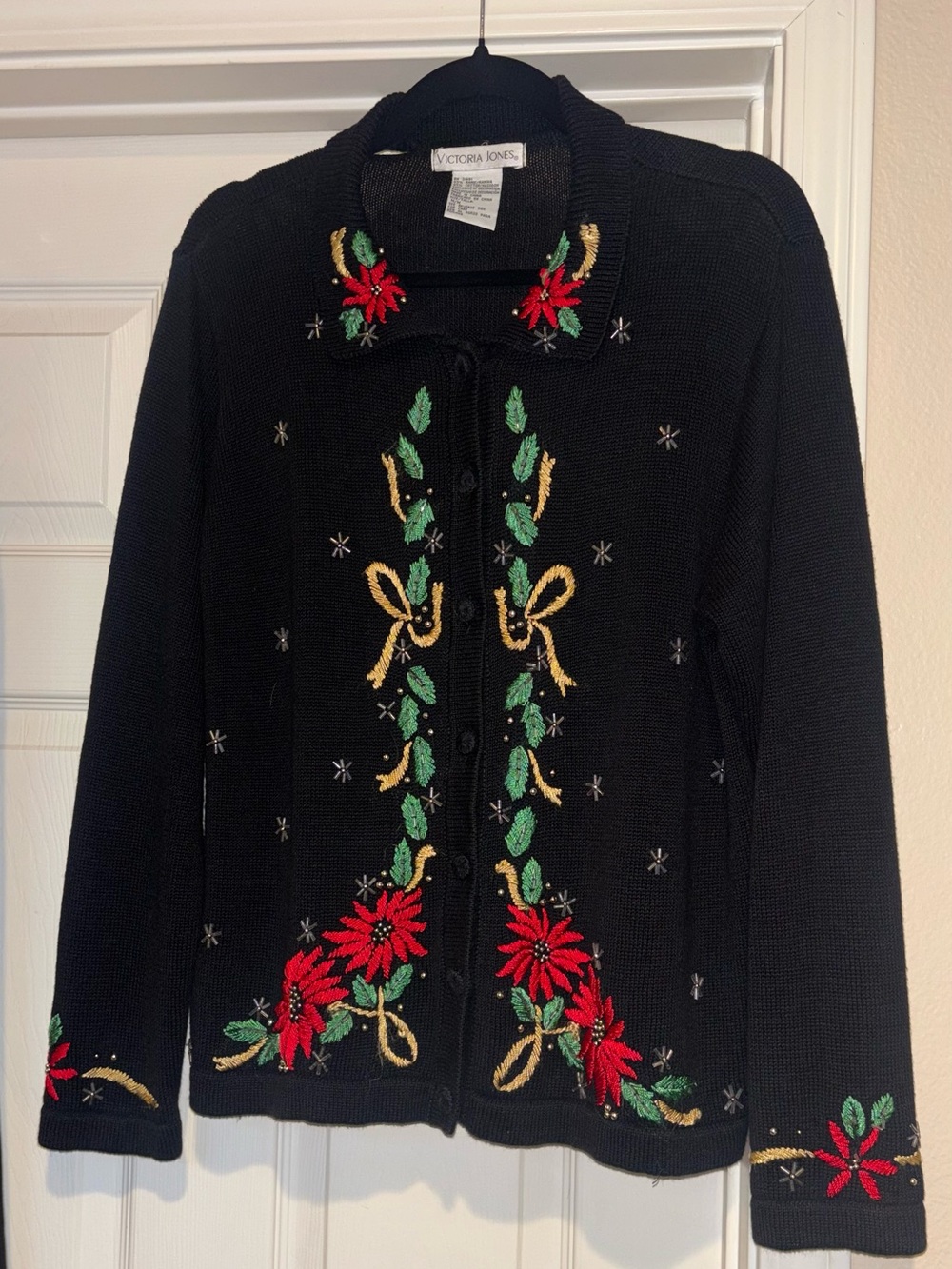 Black Embroidered Holiday Cardigan Sweater Christmas party M